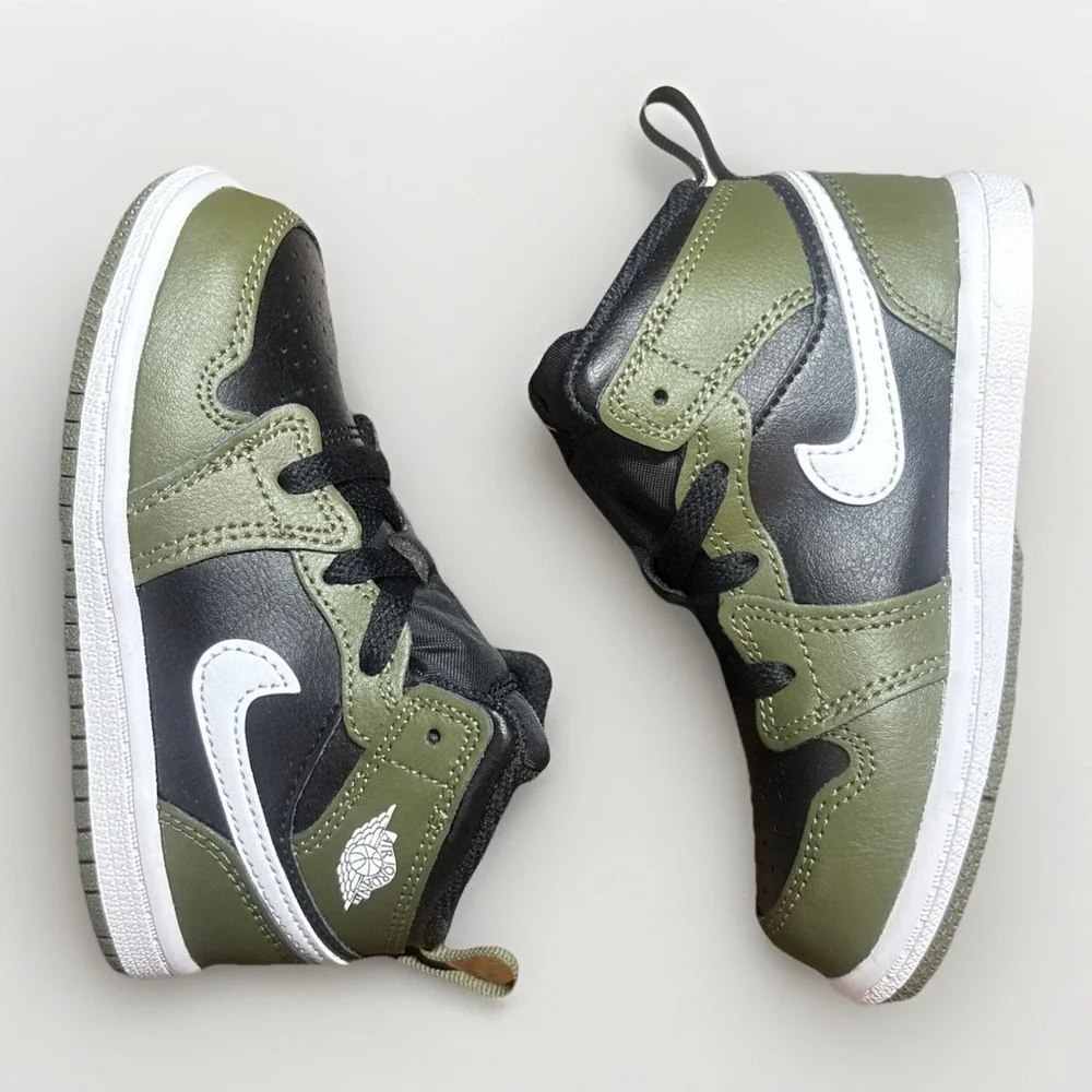 *NEW* TODDLER BABY NIKE AIR JORDAN 1 MID (TD) BLACK/WHITE-OLIVE (DQ8425 092) 8c